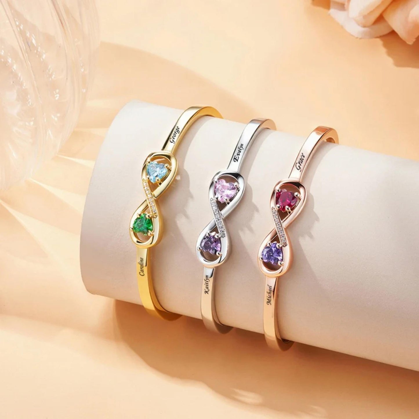 Custom Infinity Bangle with Heart Birthstones