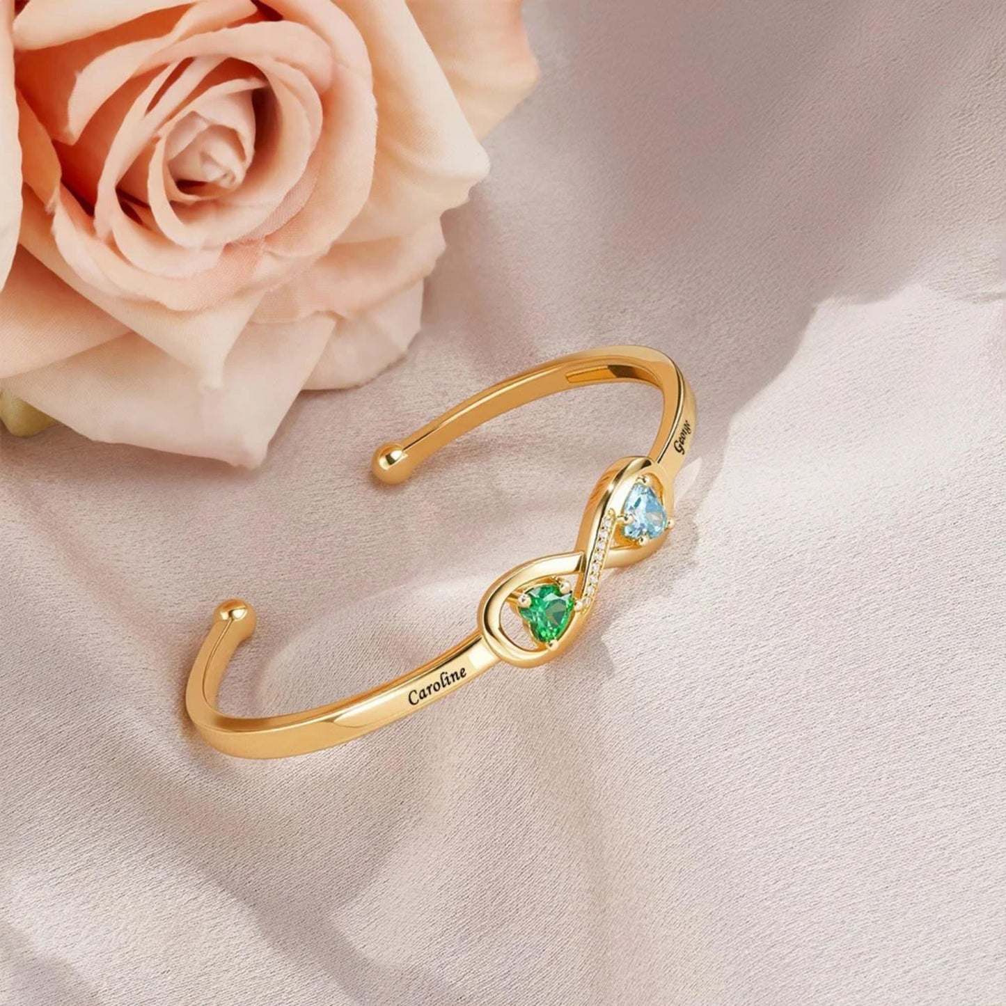 Custom Infinity Bangle with Heart Birthstones
