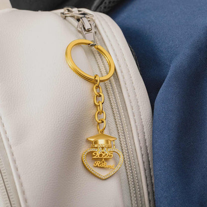 Custom Graduation Cap Keychain with Heart & Name