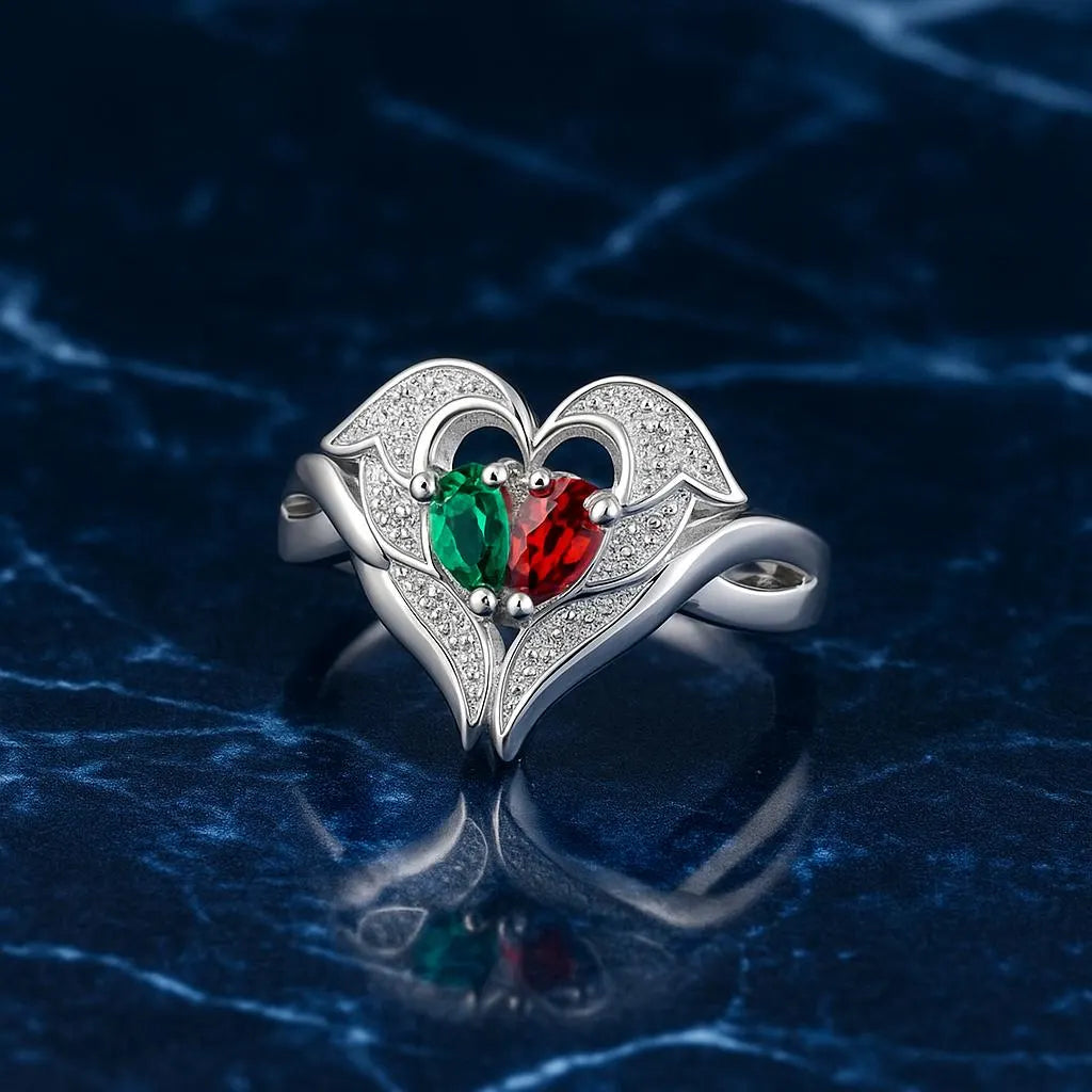 Custom Angel Wings Ring with Two Birthstones