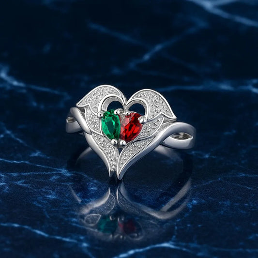 Custom Angel Wings Ring with Two Birthstones