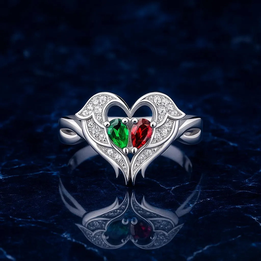 Custom Angel Wings Ring with Two Birthstones
