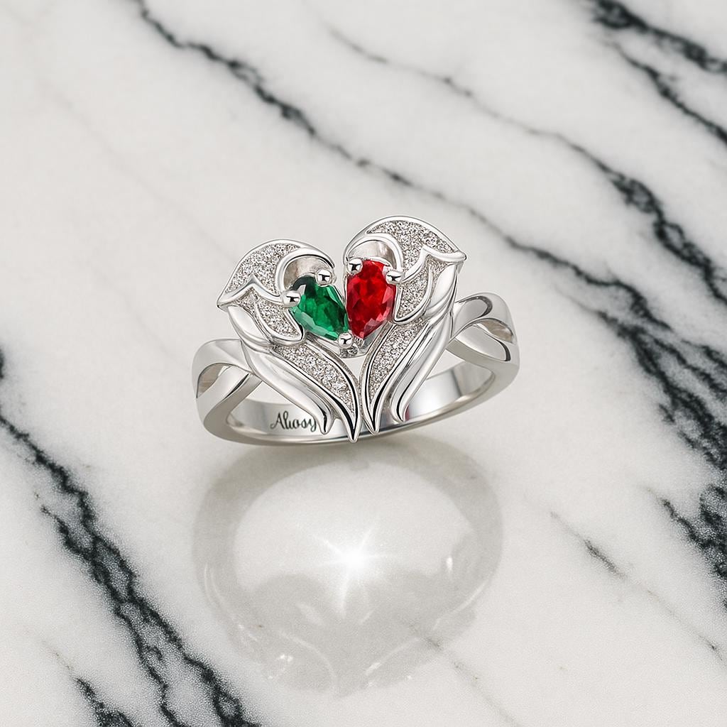 Custom Angel Wings Ring with Two Birthstones