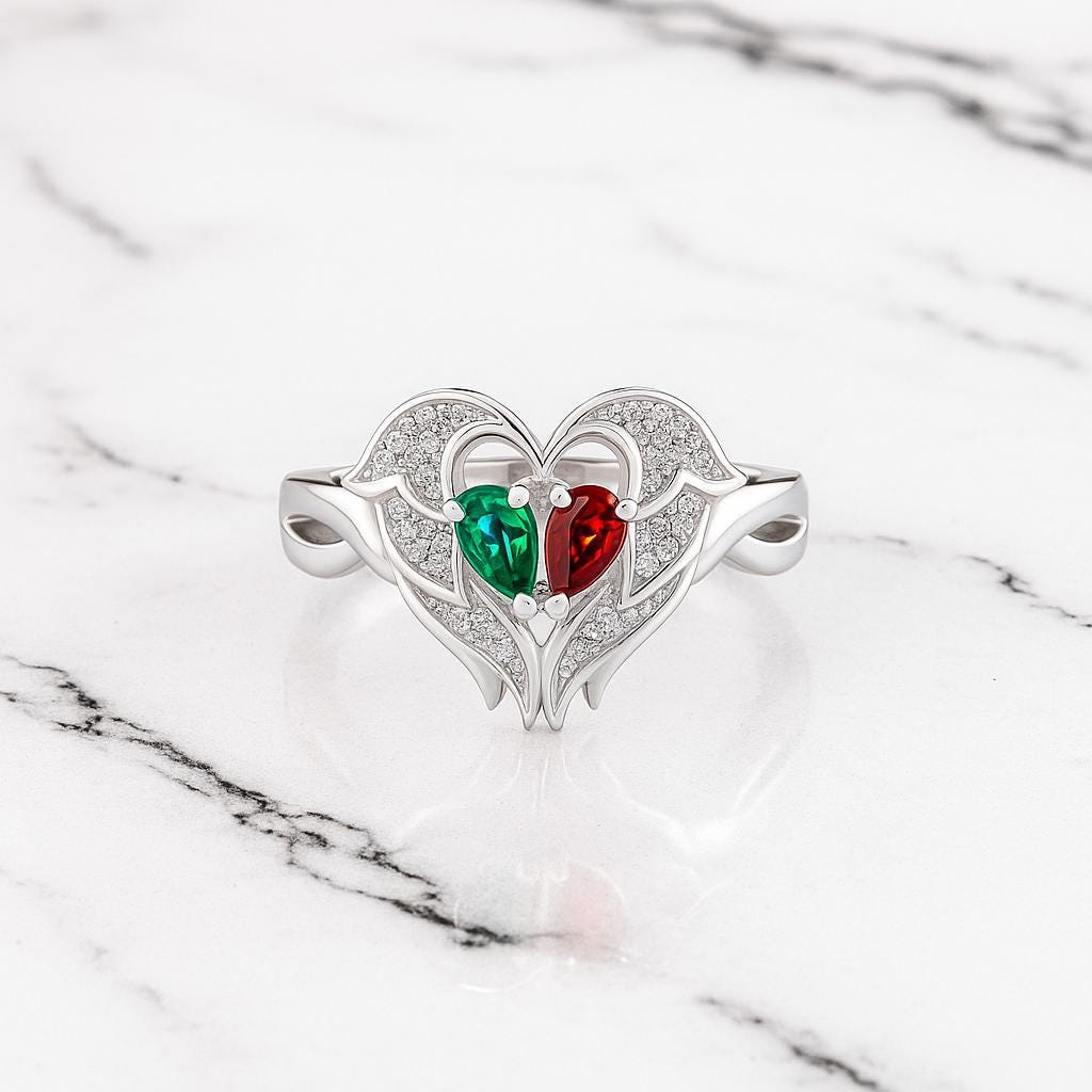 Custom Angel Wings Ring with Two Birthstones