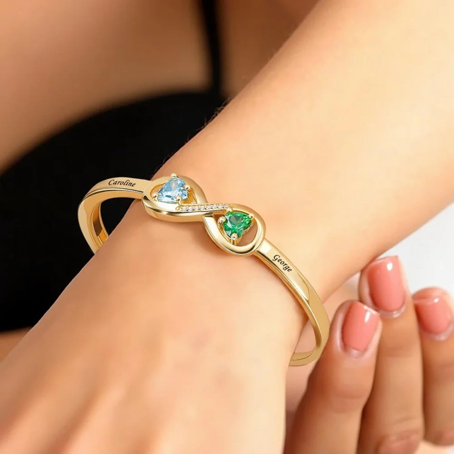 Custom Infinity Bangle with Heart Birthstones