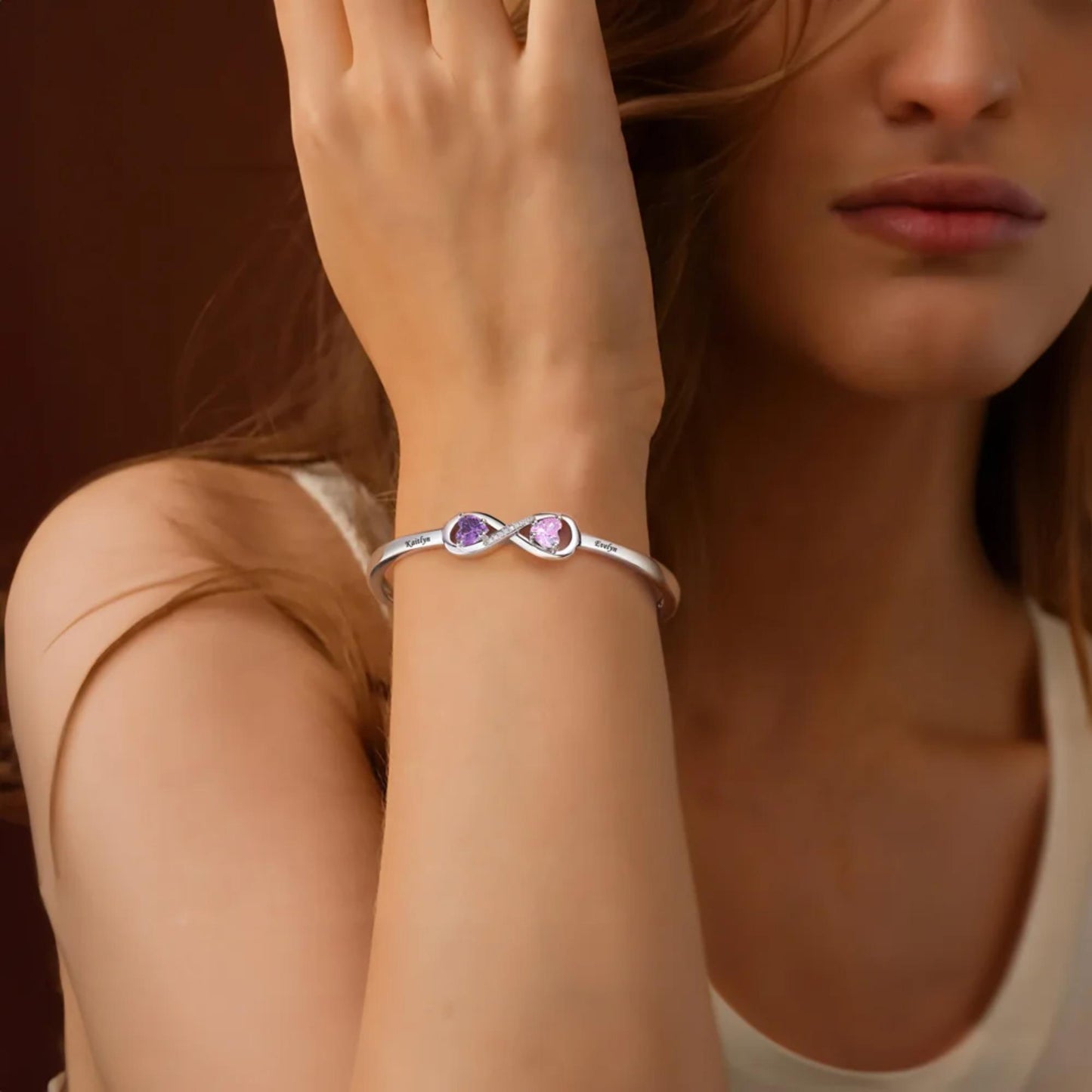 Custom Infinity Bangle with Heart Birthstones