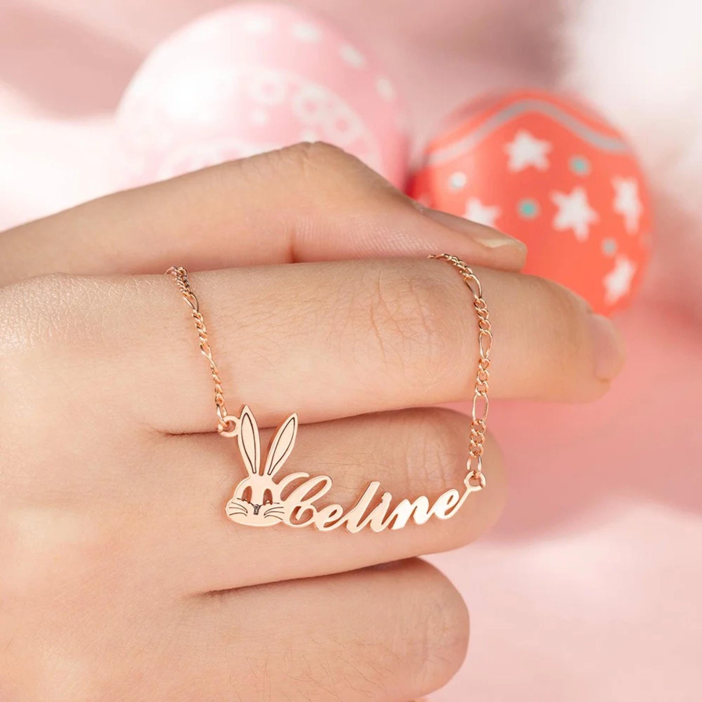 Personalisierte Osterhasenkette mit Namen, Namensschild-Schmuck mit Hasenmotiv, minimalistisches Ostergeschenk für Mama oder Mädchen