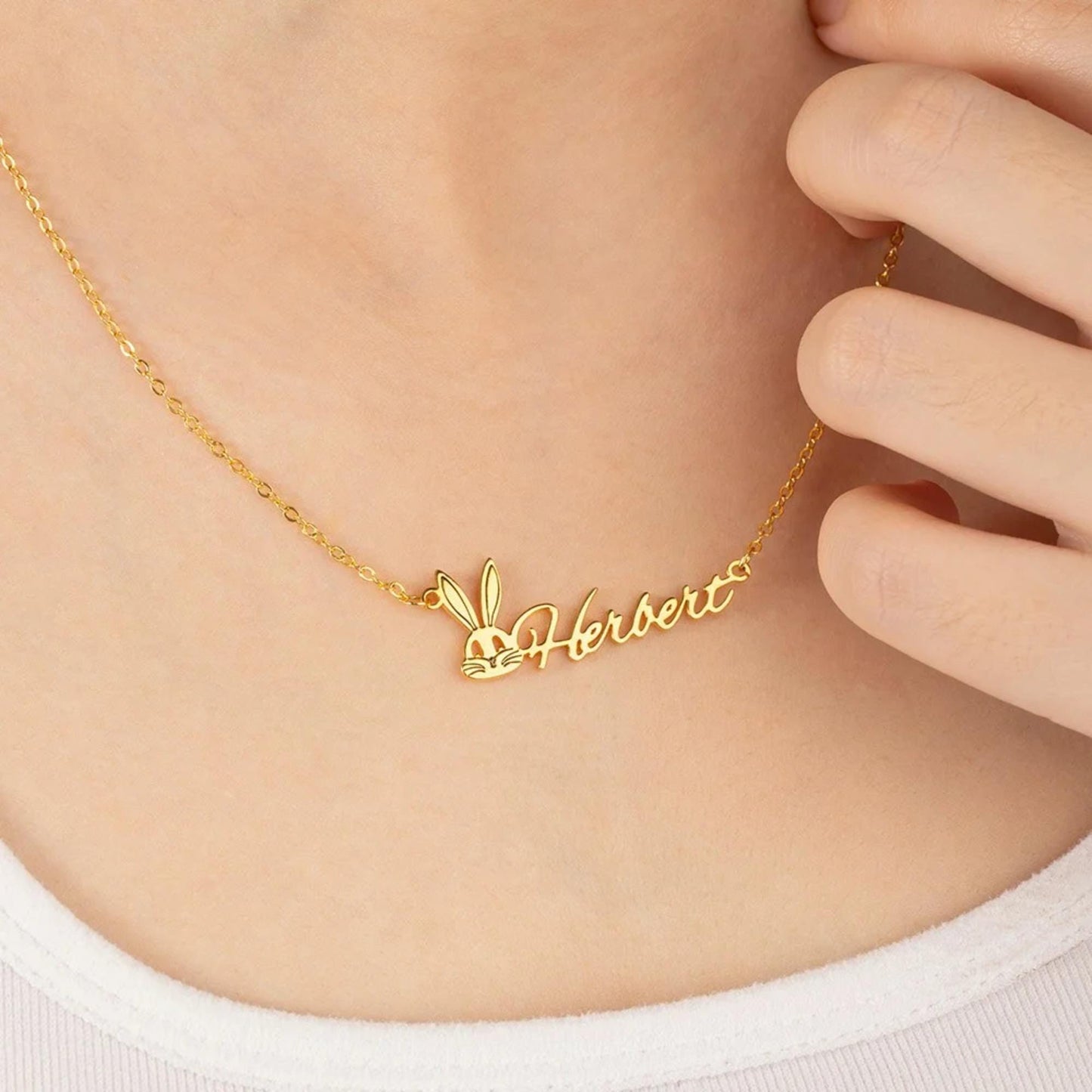 Personalisierte Osterhasenkette mit Namen, Namensschild-Schmuck mit Hasenmotiv, minimalistisches Ostergeschenk für Mama oder Mädchen