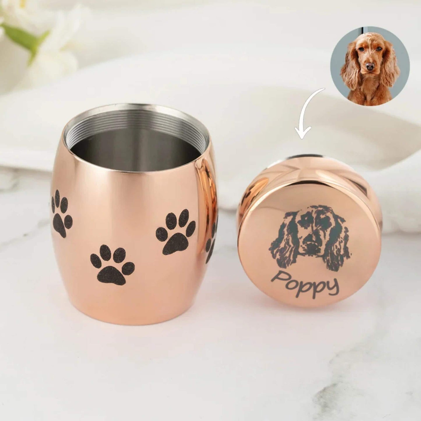 Custom Pet Portrait Mini Urn with Paw Prints