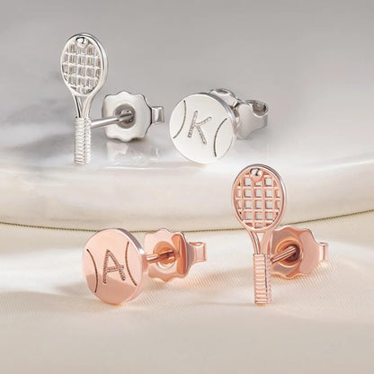 Custom Tiny Tennis Ball & Racket Stud Earrings with Engraved Initial