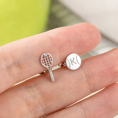 Custom Tiny Tennis Ball & Racket Stud Earrings with Engraved Initial