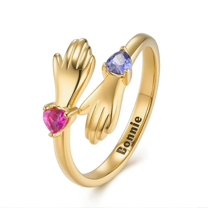Personalized Hug Ring with Two Heart Birthstones
