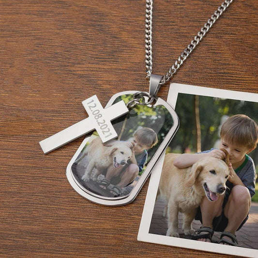 Personalized Photo Dog Tag Necklace with Cross Pendant