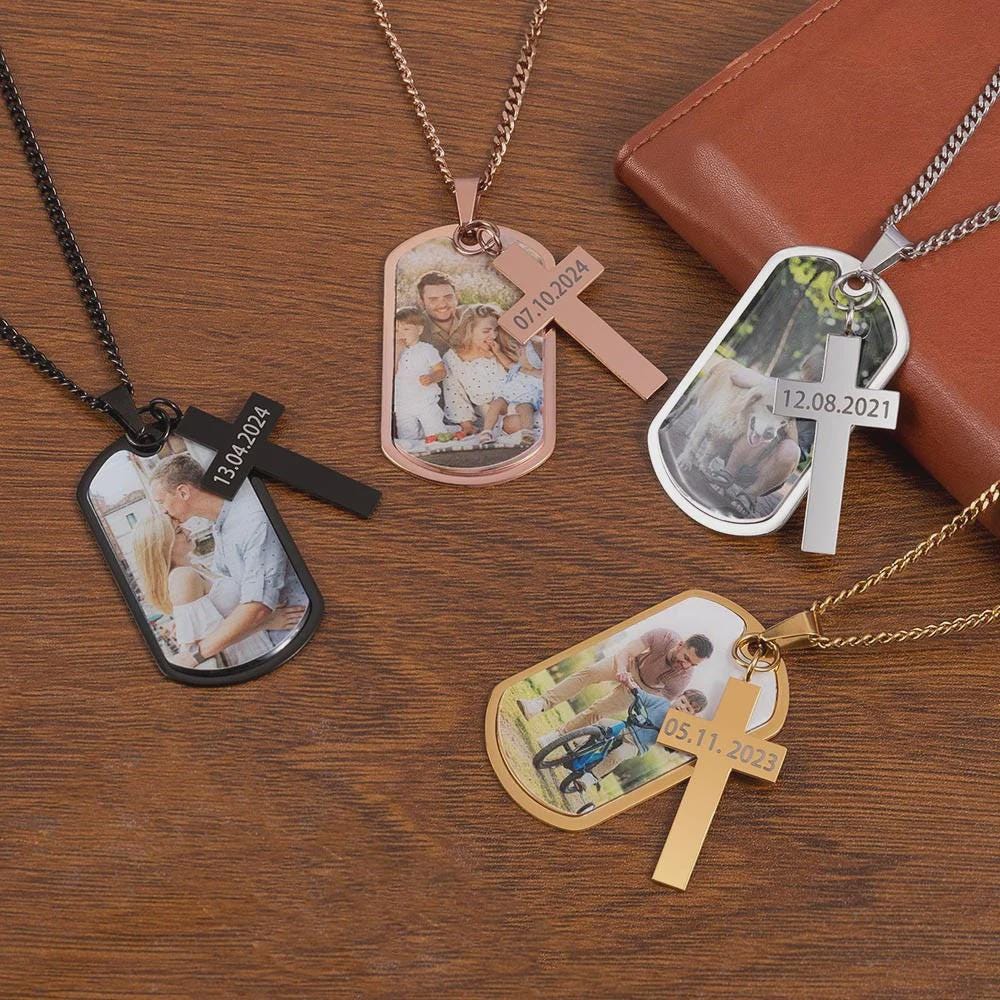 Personalized Photo Dog Tag Necklace with Cross Pendant