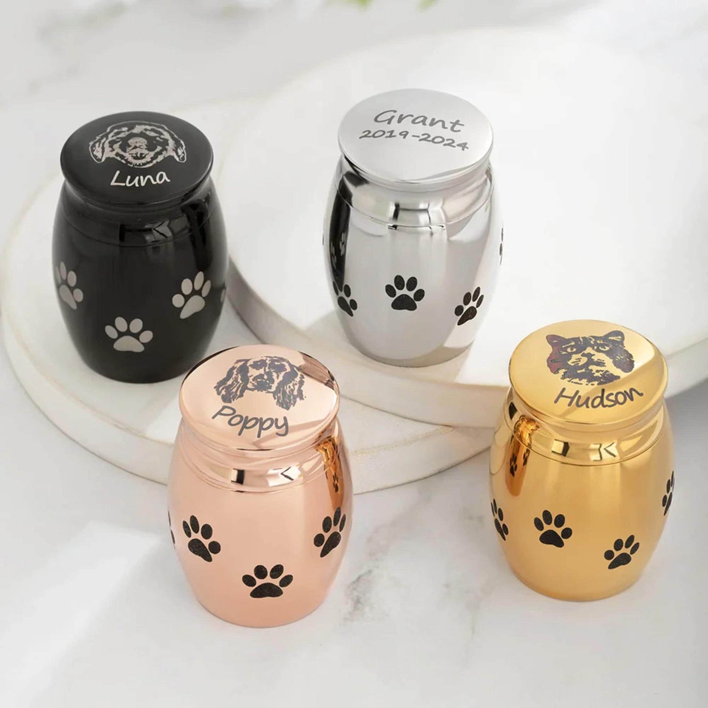 Custom Pet Portrait Mini Urn with Paw Prints