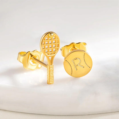 Custom Tiny Tennis Ball & Racket Stud Earrings with Engraved Initial