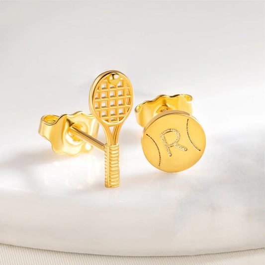 Custom Tiny Tennis Ball & Racket Stud Earrings with Engraved Initial