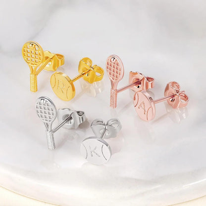 Custom Tiny Tennis Ball & Racket Stud Earrings with Engraved Initial