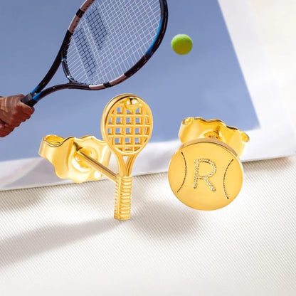Custom Tiny Tennis Ball & Racket Stud Earrings with Engraved Initial