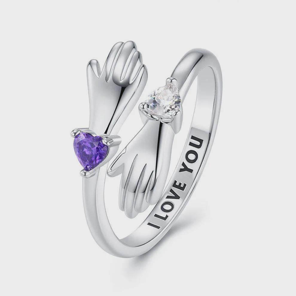 Personalized Hug Ring with Two Heart Birthstones