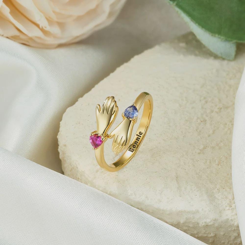 Personalized Hug Ring with Two Heart Birthstones