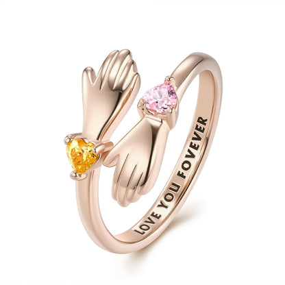 Personalized Hug Ring with Two Heart Birthstones