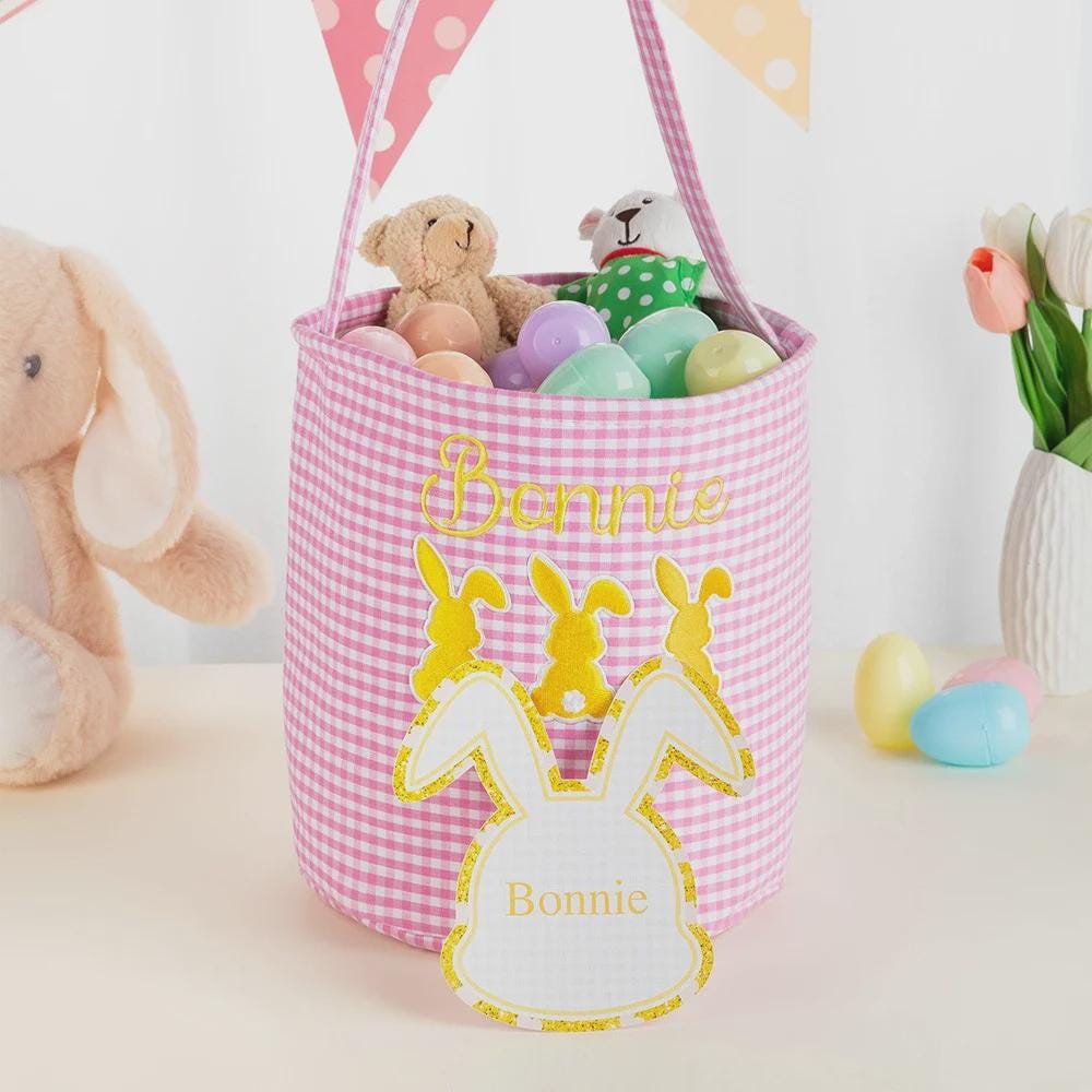 Custom Three Bunny Gingham Easter Basket