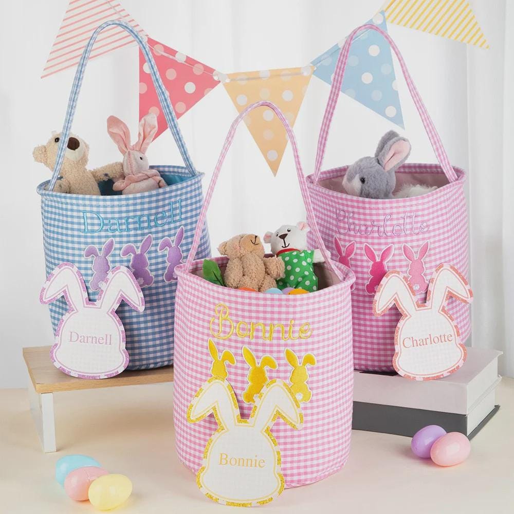 Custom Three Bunny Gingham Easter Basket