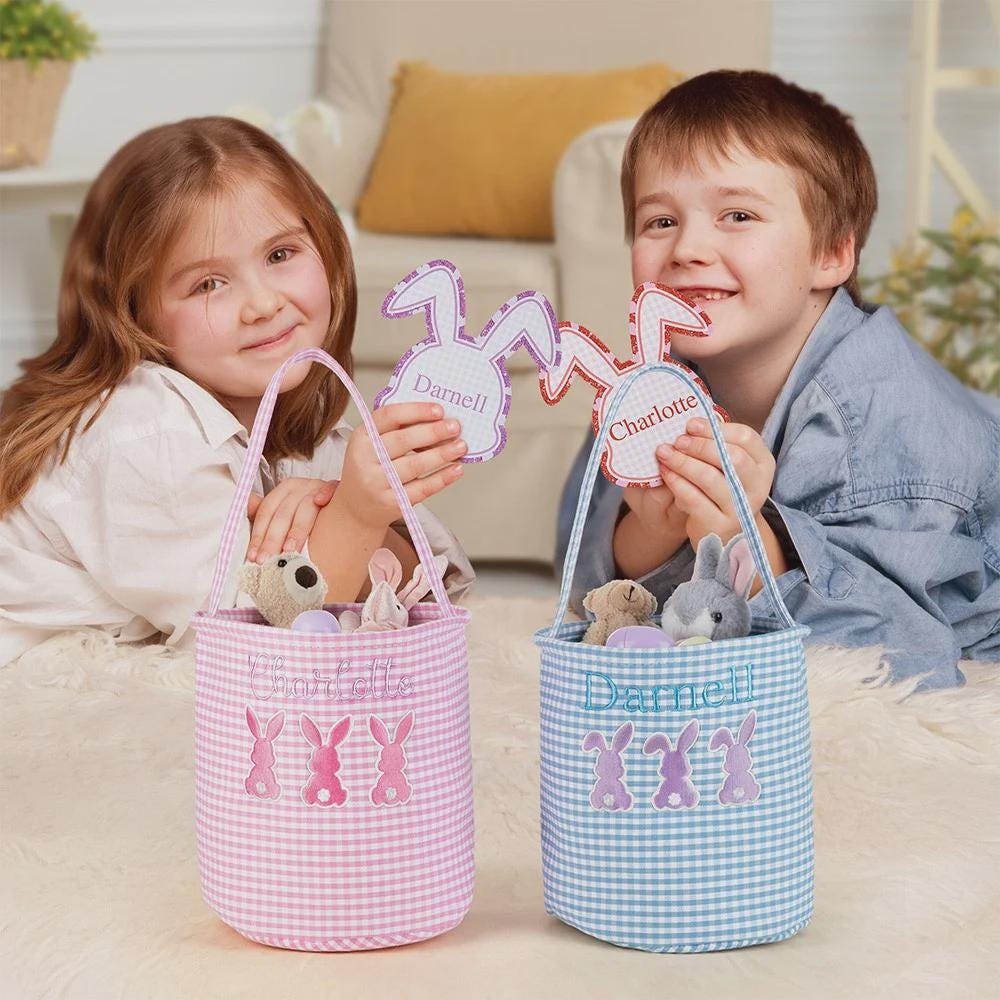 Custom Three Bunny Gingham Easter Basket