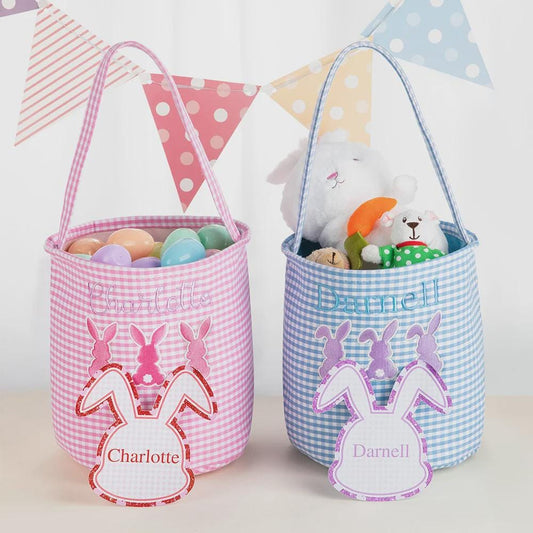 Custom Three Bunny Gingham Easter Basket