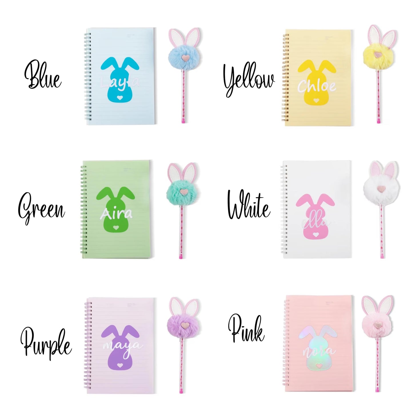 Custom Bunny Spiral Notebook with Pom Pom Pen