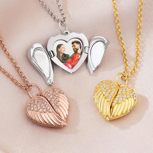 Personalized Angel Wings Heart Photo Locket Necklace