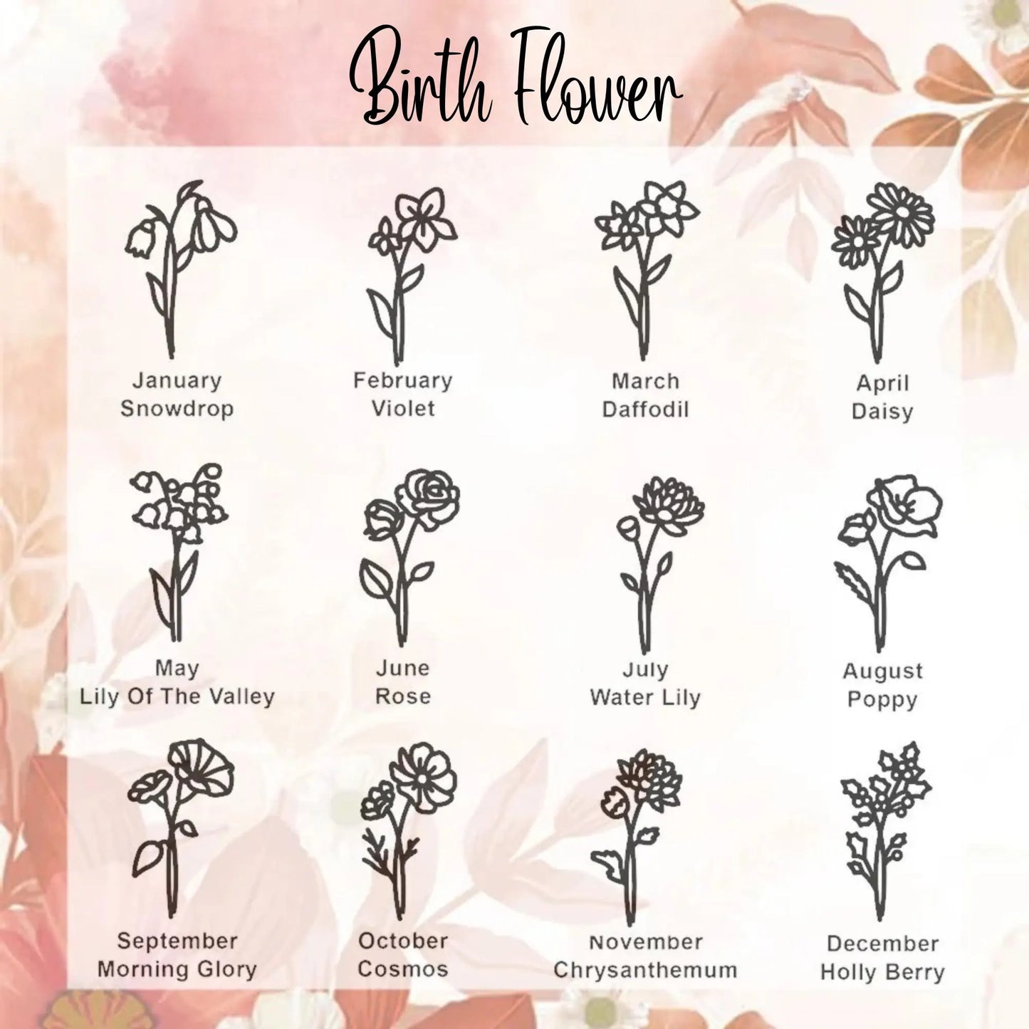Birth Flower & Birthstone Korean Name Necklace