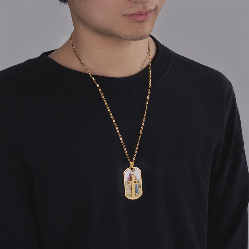 Personalized Photo Dog Tag Necklace with Cross Pendant