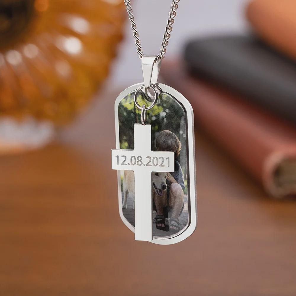 Personalized Photo Dog Tag Necklace with Cross Pendant