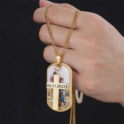 Personalized Photo Dog Tag Necklace with Cross Pendant