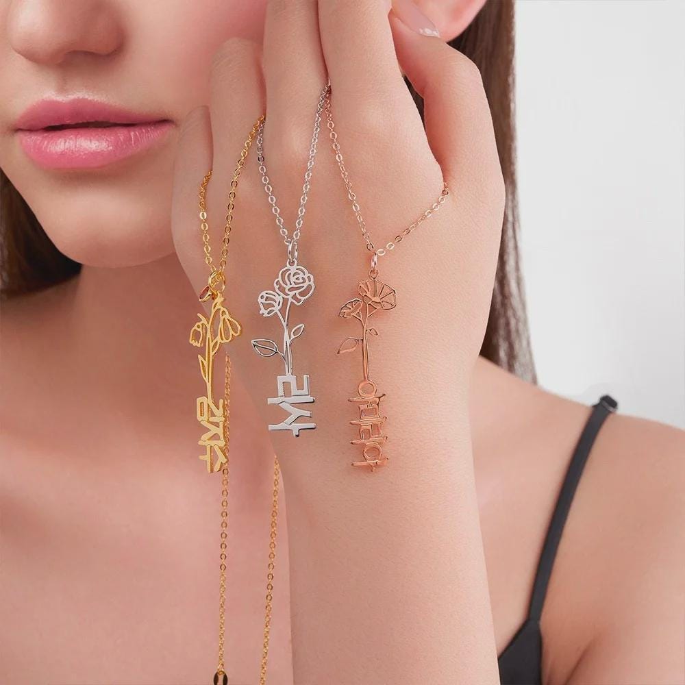 Birth Flower & Birthstone Korean Name Necklace