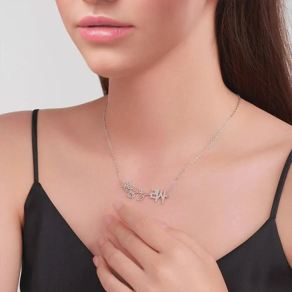 Birth Flower & Birthstone Korean Name Necklace