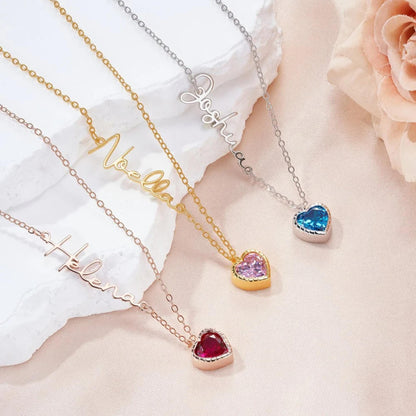 Sideway Name Necklace with Heart Birthstone