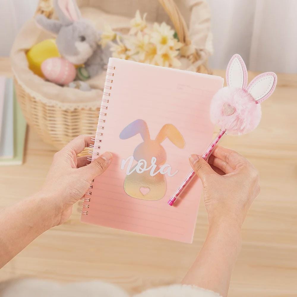 Custom Bunny Spiral Notebook with Pom Pom Pen
