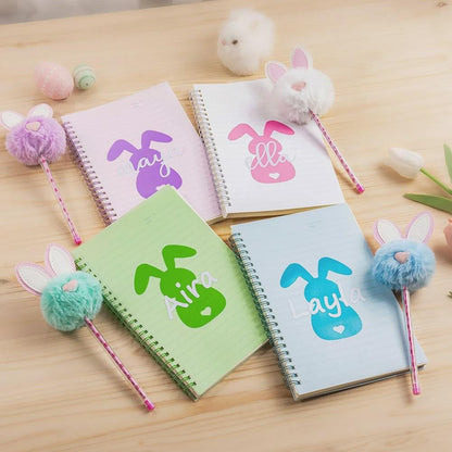 Custom Bunny Spiral Notebook with Pom Pom Pen