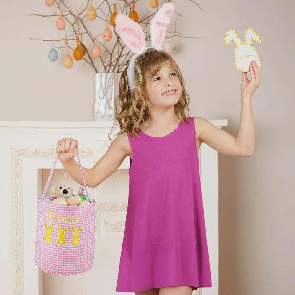 Custom Three Bunny Gingham Easter Basket