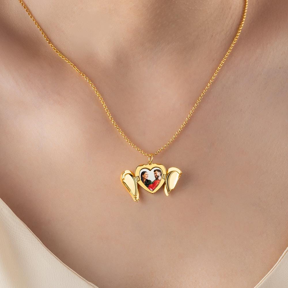 Personalized Angel Wings Heart Photo Locket Necklace