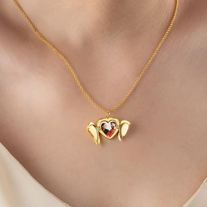 Personalized Angel Wings Heart Photo Locket Necklace