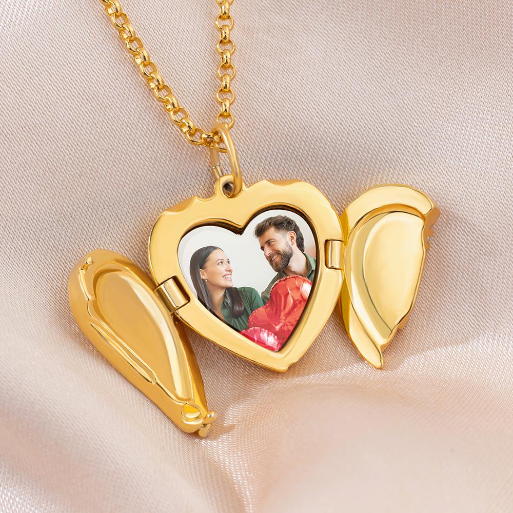 Personalized Angel Wings Heart Photo Locket Necklace