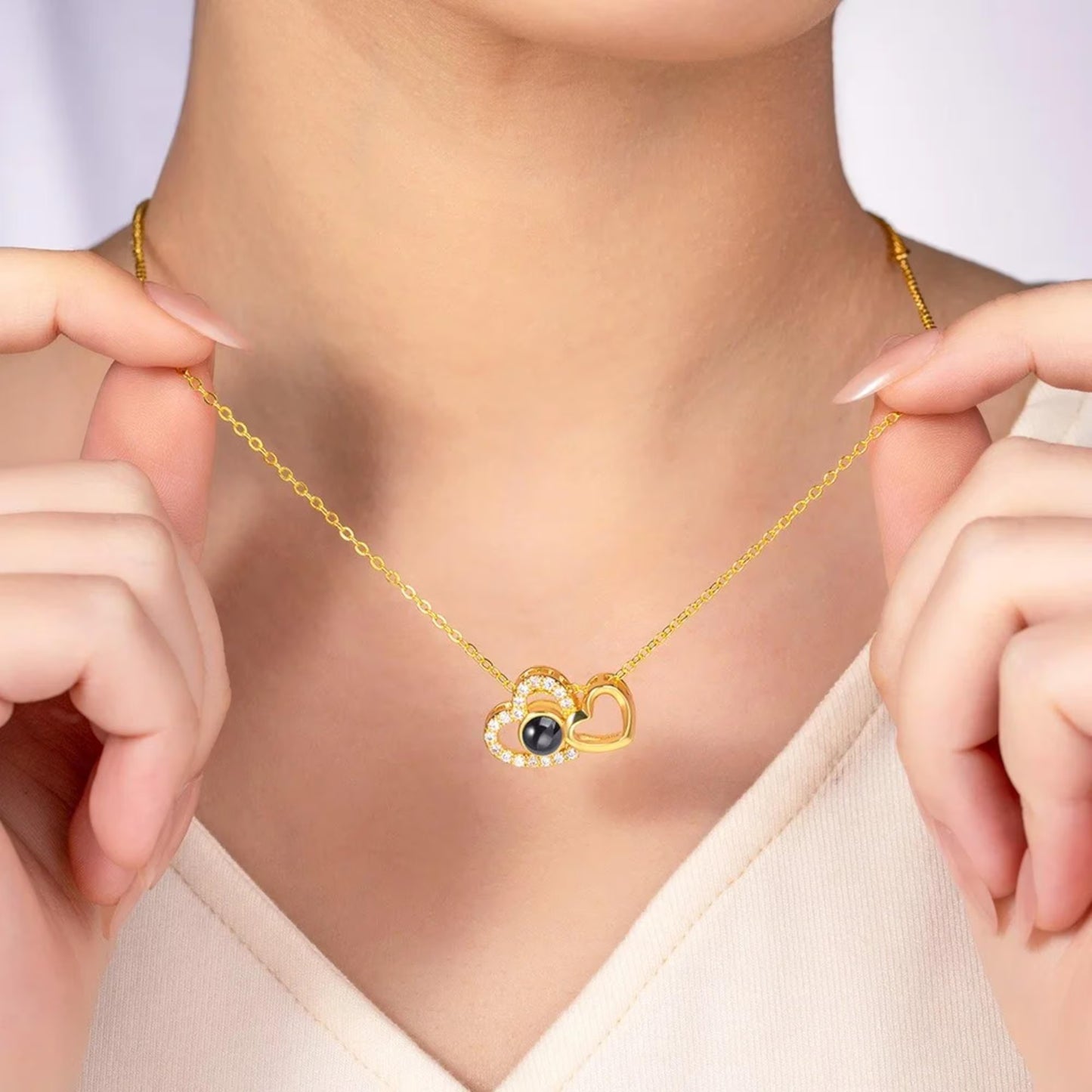 Custom Double Hearts Photo Projection Necklace