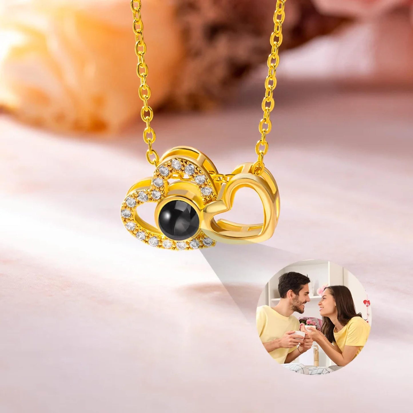 Custom Double Hearts Photo Projection Necklace