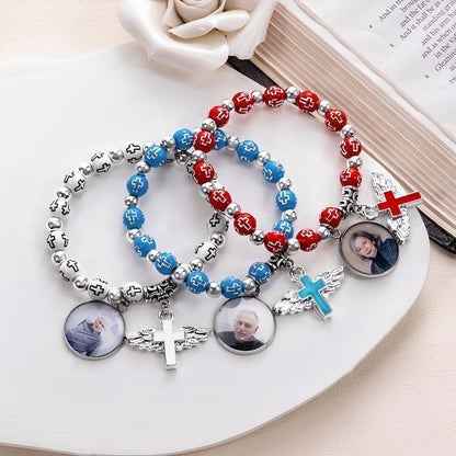 Custom Photo Cross Beaded Bracelet with Angel Wings