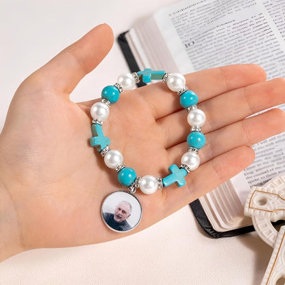 Custom Photo Cross Beaded Bracelet with Angel Wings