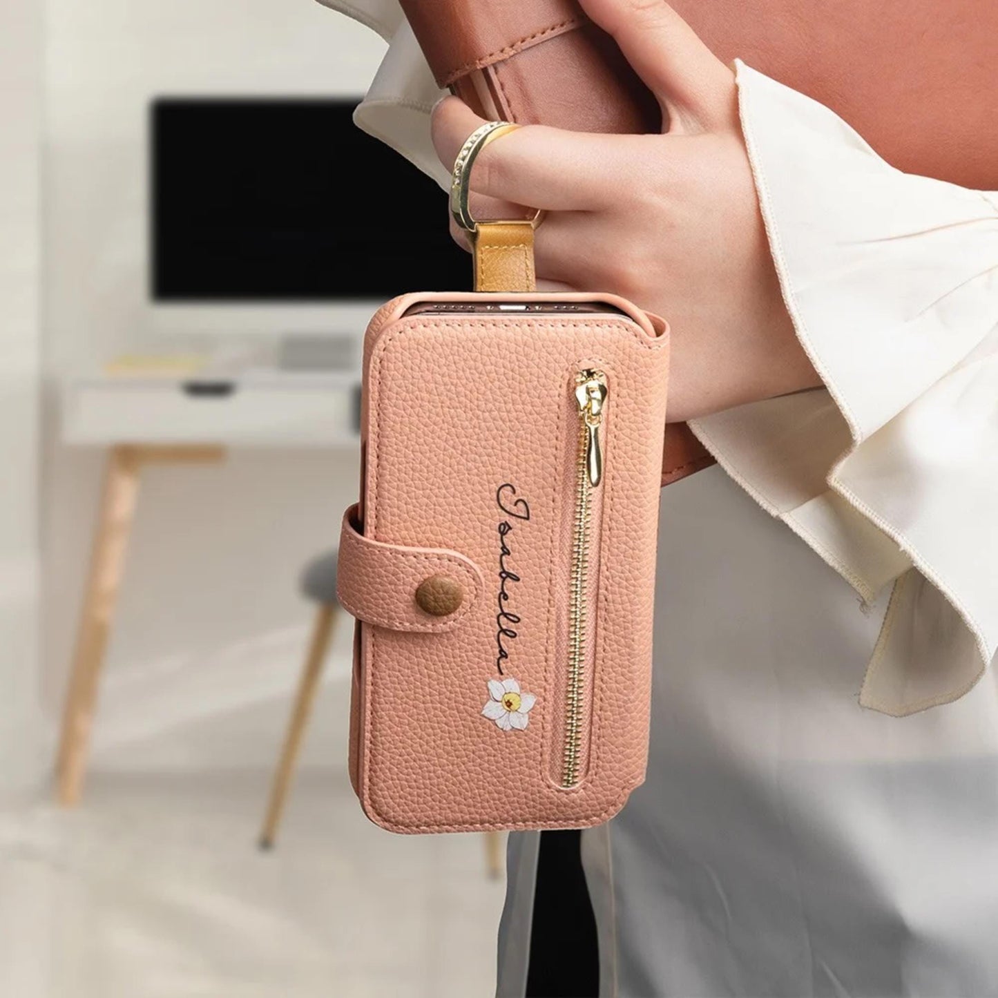 Custom Name Birth Flower Vegan Leather Flip Phone Case